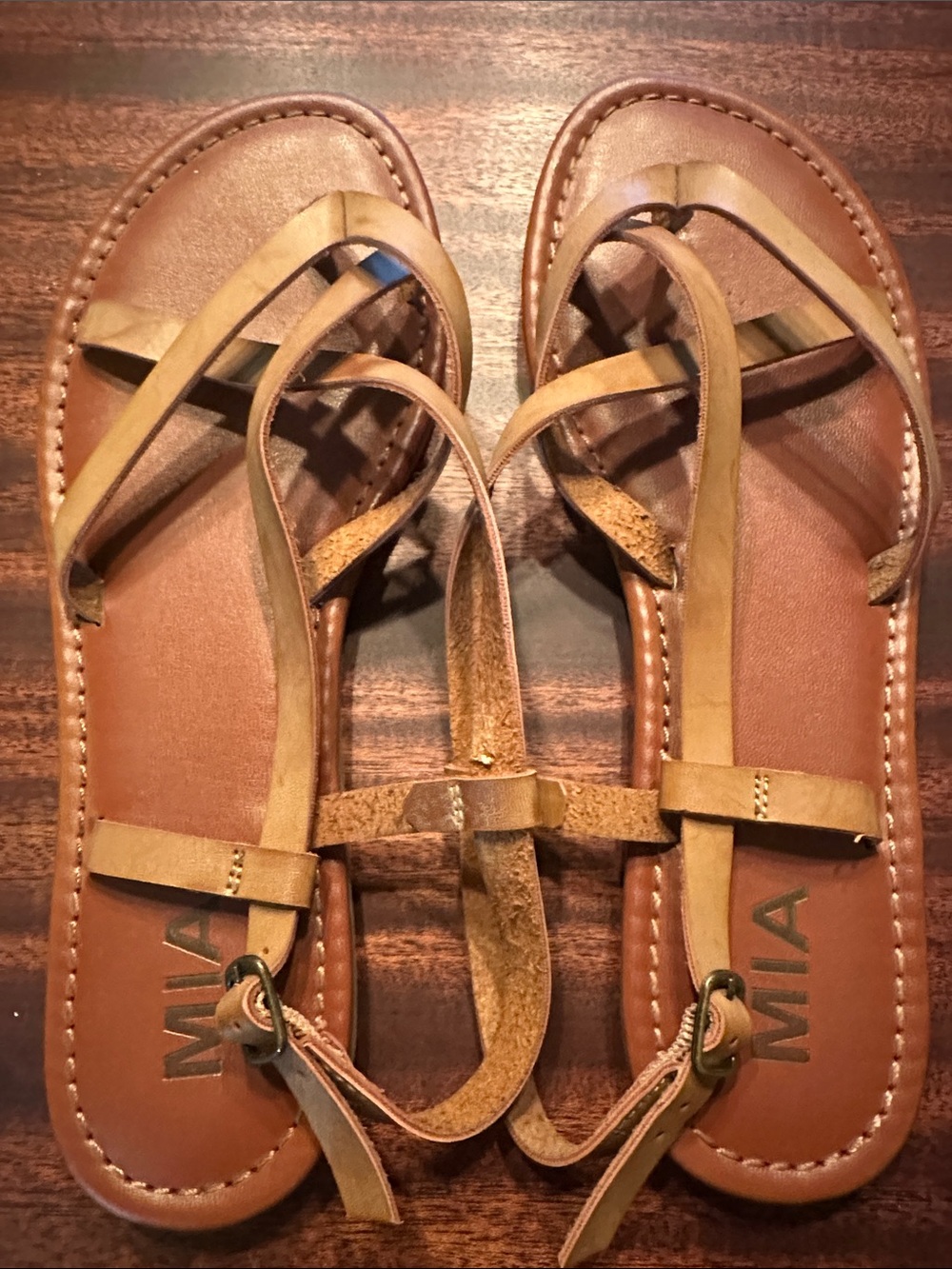 MIA Tan Brown Leather Strappy T-Back Sandals